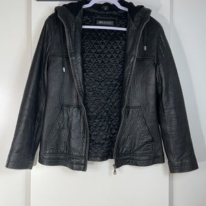 WHET BLU genuine leather black hooded front zipper with pocket jacket